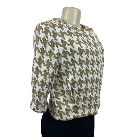Michael Kors Women’s Brown Houndstooth Camel Cropped Blazer Jacket Sz P/S - Picture 2 of 8